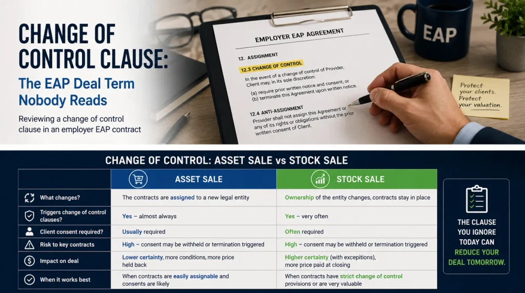Table comparing asset and stock sales under a change of control clause