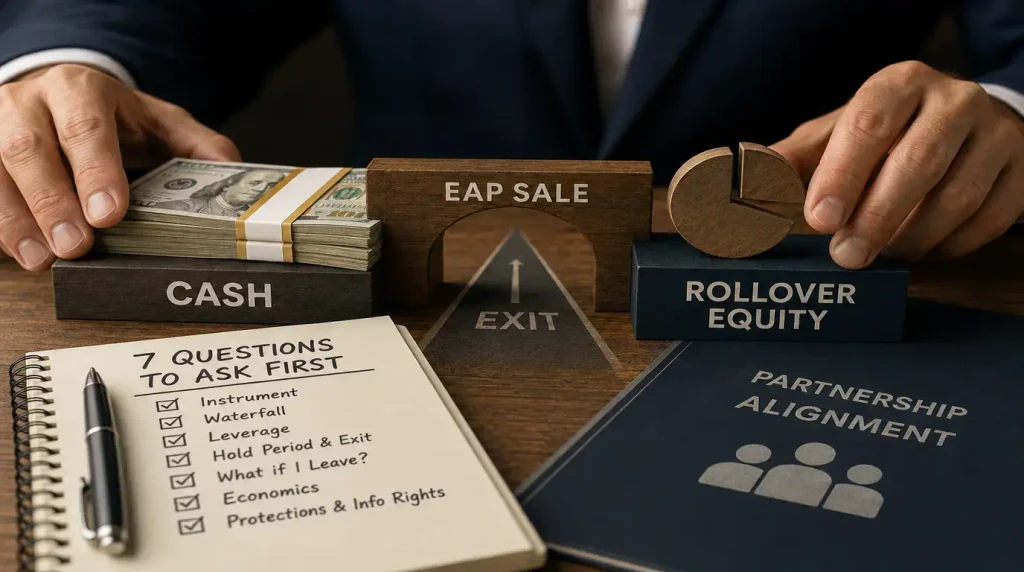 Diagram showing how rollover equity ranks in an exit waterfall