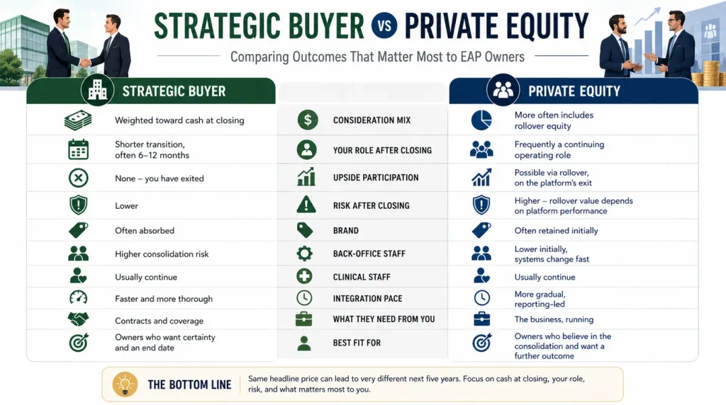 Comparison table of strategic buyer and private equity outcomes for EAP owners